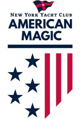 bioaqualife: The image is a logo for the New York Yacht Club's American Magic team. It features a stylized American flag with four blue stars and three red stripes, and the text "American Magic" and "New York Yacht Club" with a small flag icon at the top.