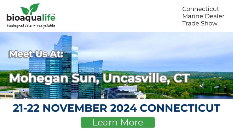 bioaqualife: Promotional banner for Bioaqualife, highlighting their participation in the Connecticut Marine Dealer Trade Show at Mohegan Sun, Uncasville, CT, on 21-22 November 2024. Features modern buildings and a scenic view.