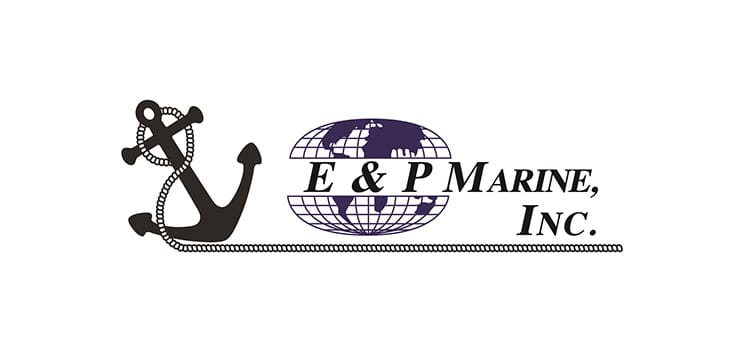 bioaqualife: Logo featuring an anchor with a globe background, accompanied by the text "E & P Marine, Inc." in a serif font.