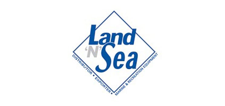 bioaqualife: The image shows the Land 'N' Sea logo, featuring the name in blue text within a diamond shape. Surrounding the diamond are the words "Distributor," "Exporter," and "Marine & Recreation Equipment" also in blue. The background is white.