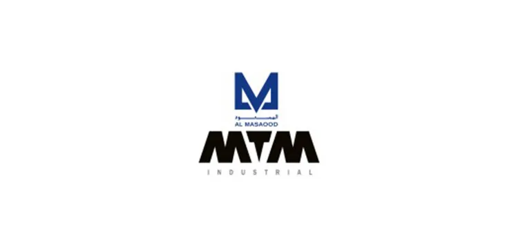 bioaqualife: Logo for Al Masaood MTM Industrial. A blue "M" shape is above the text "Al Masaood" in Arabic and English, with "MTM Industrial" in bold black letters underneath. The background is white.