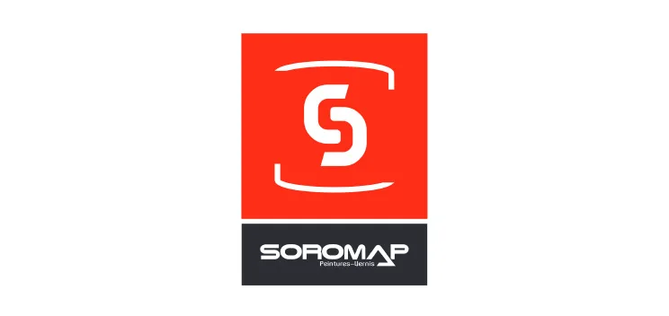 bioaqualife: A red square features a white stylized "S" in the center, with curved lines above and below it. Below the square is a black rectangle with the text "SOROMAP Peintures-Marines" in white.