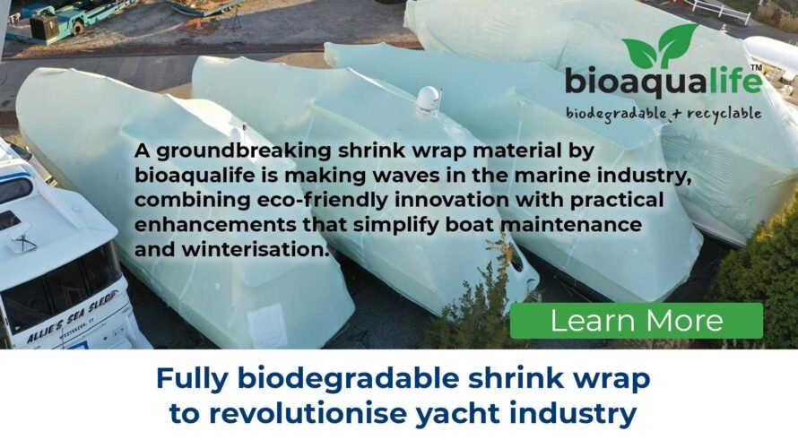 bioaqualife: Boats covered with shrink wrap are shown. Text on the image promotes bioqualife's biodegradable and recyclable shrink wrap, highlighting its eco-friendly benefits for yacht maintenance. A "Learn More" button is visible.