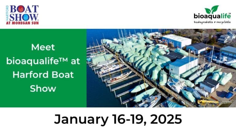 bioaqualife: Image of a promotional banner for the Harford Boat Show featuring bioaqualife™, with covered boats docked at a marina. The event dates are January 16-19, 2025. Logos for the boat show and bioaqualife® are included.