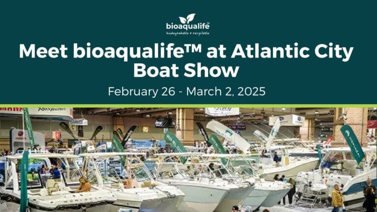 bioaqualife: Banner for the Atlantic City Boat Show featuring the bioaqualife™ logo. The image highlights several boats on display with the event dates, February 26 - March 2, 2025, written above the scene.