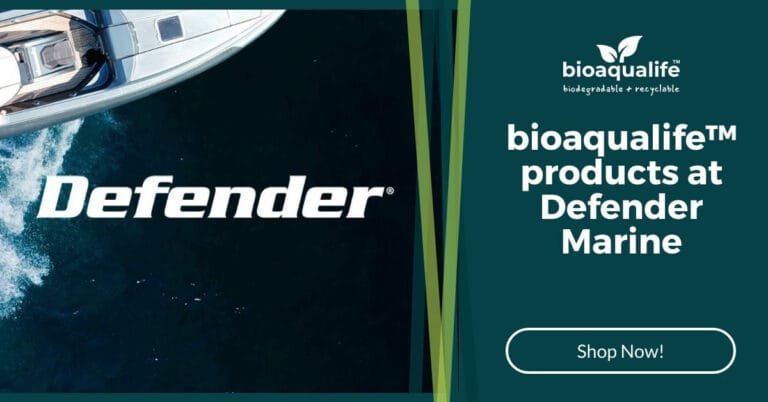 bioaqualife: Top view of a boat on water with the word "Defender" in bold white letters. On the right, a green background displays the text "bioaqualife™ products at Defender Marine," and a "Shop Now!" button below.