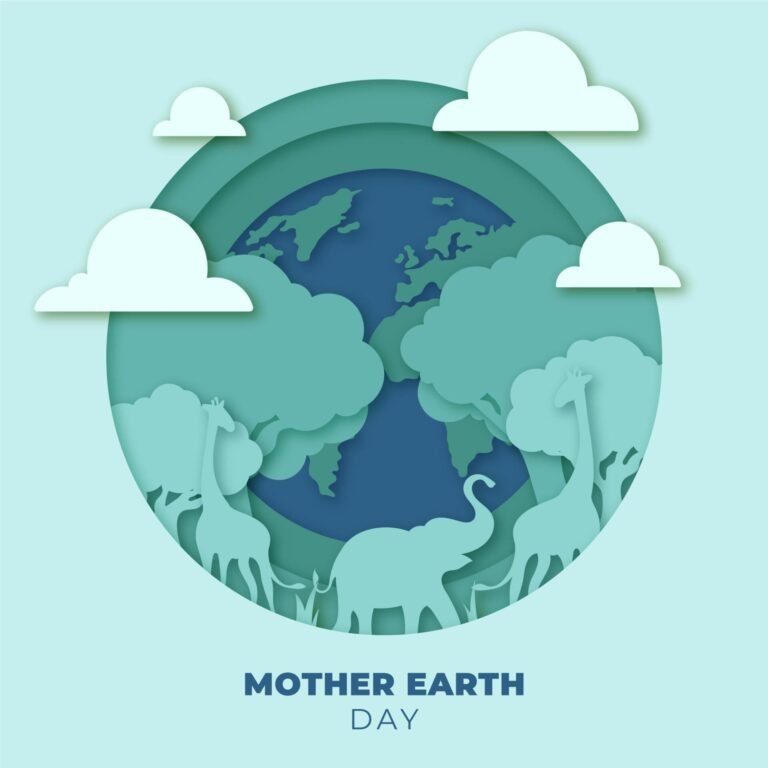 bioaqualife: Paper-cut style illustration of Earth surrounded by clouds, with silhouettes of trees, giraffes, and an elephant, and the text "Mother Earth Day" at the bottom.