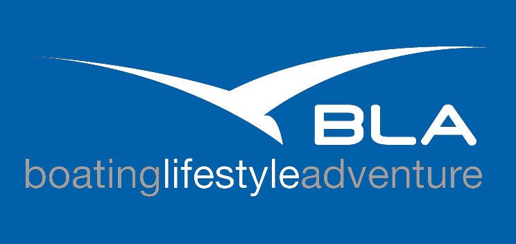 bioaqualife: White stylized bird logo above the text "BLA boating lifestyle adventure" on a blue background. The word "lifestyle" is highlighted in light blue.