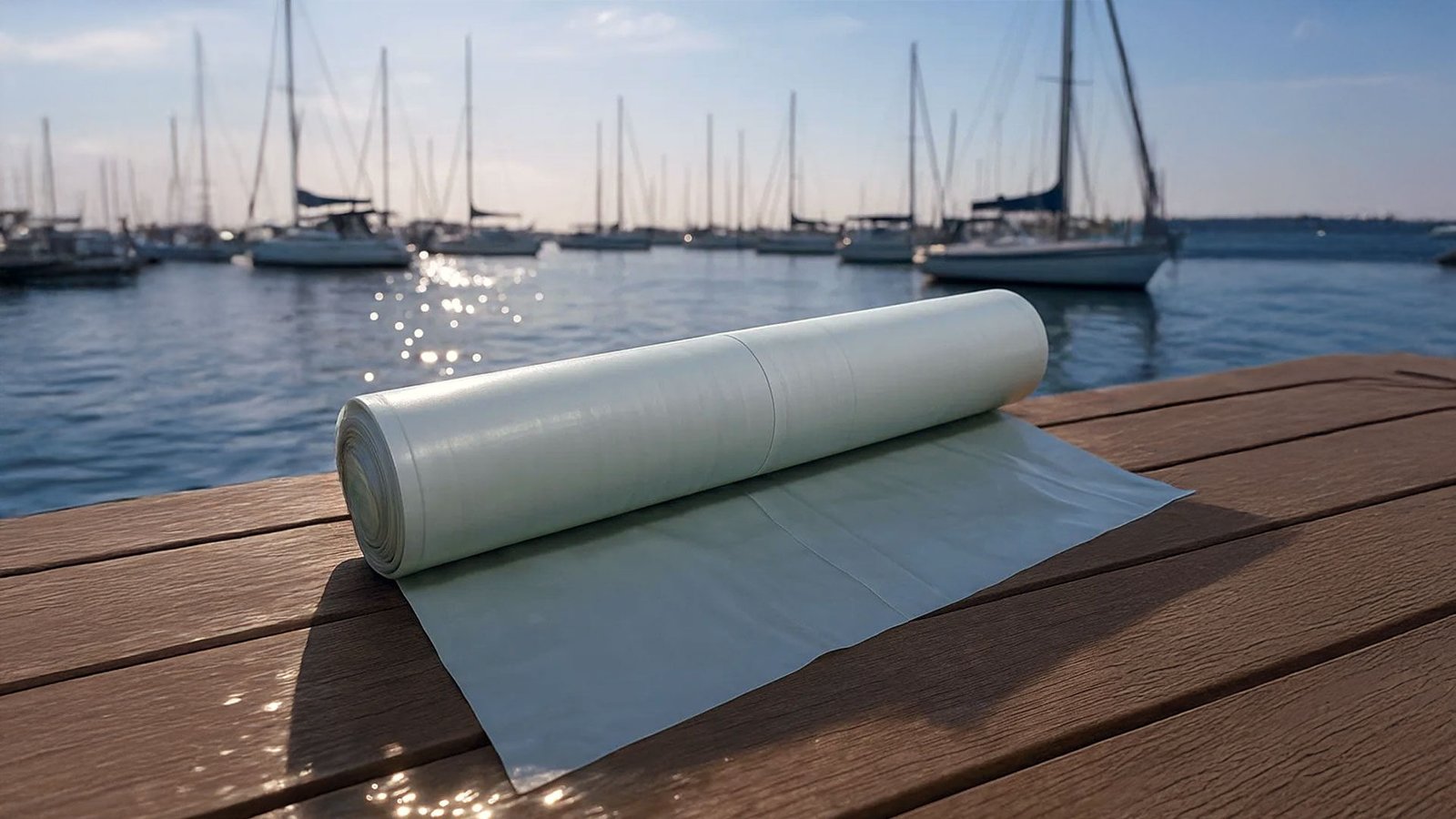 bioaqualife: A roll of translucent plastic bags is placed on a wooden surface with a marina and several sailboats on calm water in the background under a clear sky.