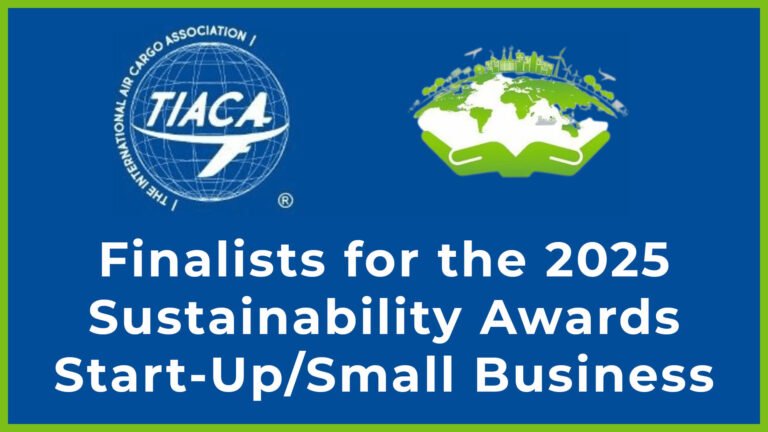 bioaqualife: A graphic with the TIACA logo, a green earth illustration with cityscape, and text: "Finalists for the 2025 Sustainability Awards Start-Up/Small Business" on a blue background with a green border.