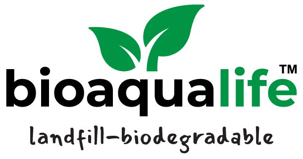 bioaqualife: Logo for "bioaqualife" with two green leaves above the text. Below, it says "landfill-biodegradable" in a handwritten style, indicating the brand’s focus on eco-friendly products.