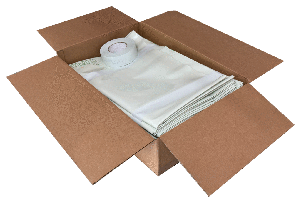 bioaqualife: An open cardboard box containing folded white plastic sheets and a roll of white tape, viewed from above on a white background.