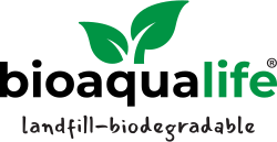 bioaqualife: Bioaqualife logo featuring two green leaves above the company name in black and green text. Below, it reads “landfill-biodegradable” in handwritten-style font.