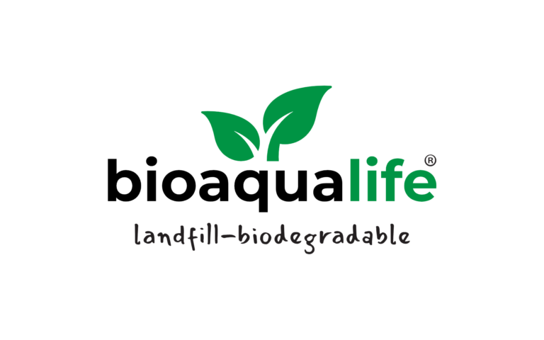 bioaqualife: Logo with two green leaves above the words "bioaqualife" (with "life" in green) and the tagline "landfill-biodegradable" below in handwritten-style font on a white background.