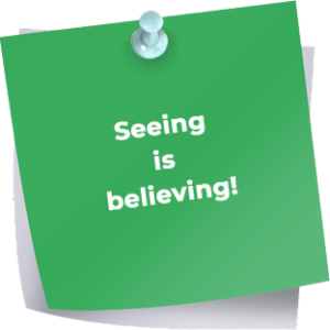 bioaqualife: A green sticky note pinned to a surface with a pushpin, displaying the white text "Seeing is believing!.