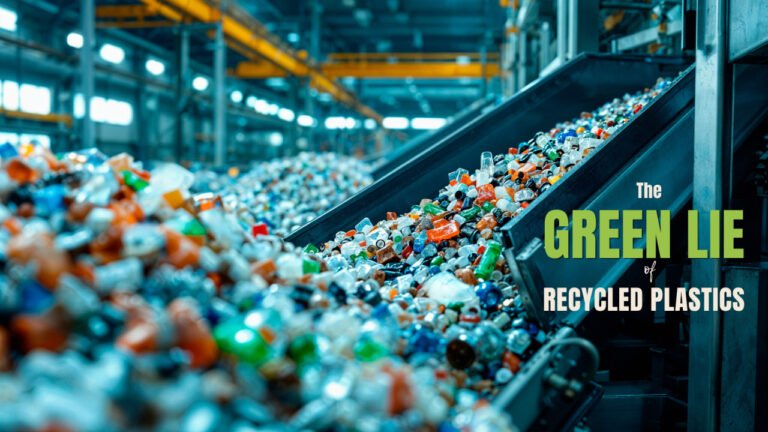 bioaqualife: Conveyor belts transport a large volume of plastic bottles in a recycling plant; overlaid text reads "The Green Lie of Recycled Plastics.