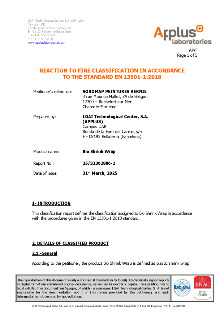 bioaqualife: A certification document from Applus+ Laboratories for Bio Shrink Wrap by Soromap Peintures Vernis, titled "Reaction to Fire Classification in accordance to the standard EN 13501-1:2018," dated 31/03/2023.