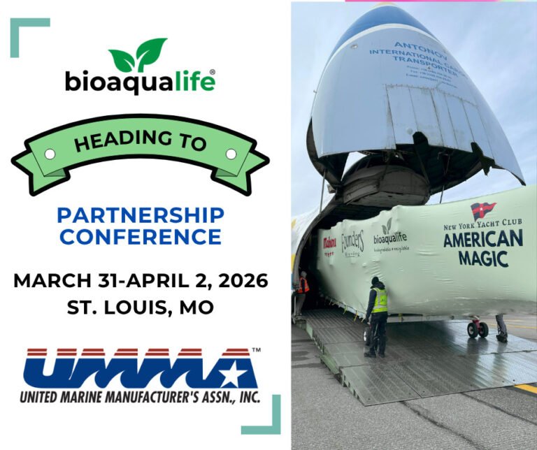 bioaqualife: Promotional graphic for a partnership conference hosted by UMMA and Bioaqualife, March 31-April 2, 2026, in St. Louis, MO, with a photo of a large yacht being loaded into an airplane.