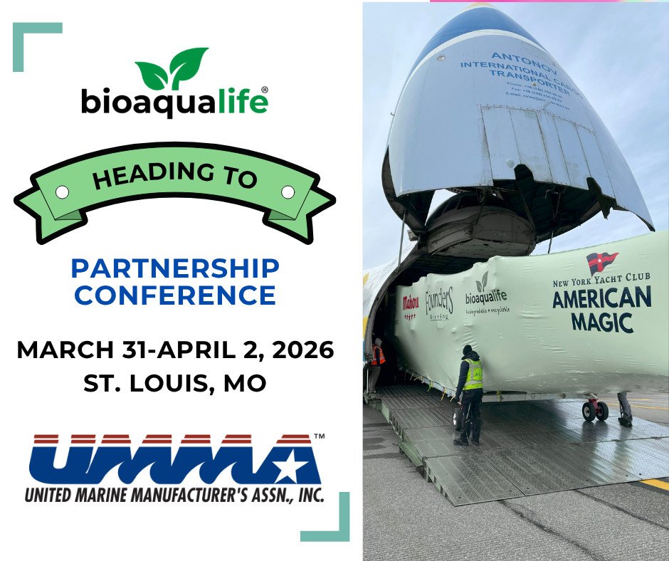 bioaqualife: Promotional graphic for a partnership conference hosted by UMMA and Bioaqualife, March 31-April 2, 2026, in St. Louis, MO, with a photo of a large yacht being loaded into an airplane.