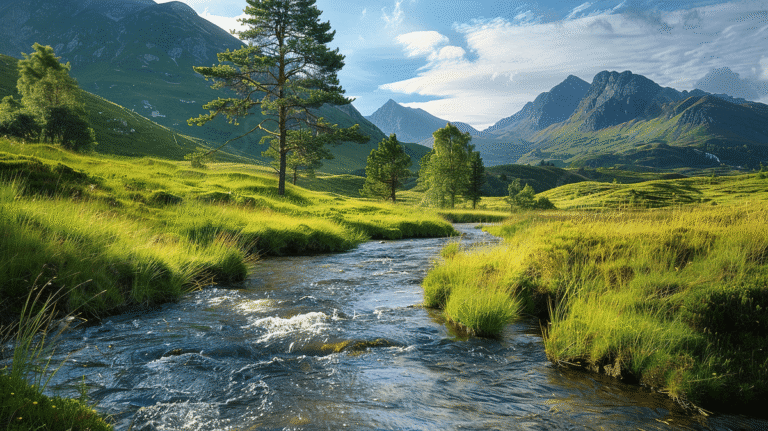 bioaqualife: A clear stream flows through a lush green valley with scattered trees, surrounded by rolling hills and distant, rugged mountains under a partly cloudy blue sky.