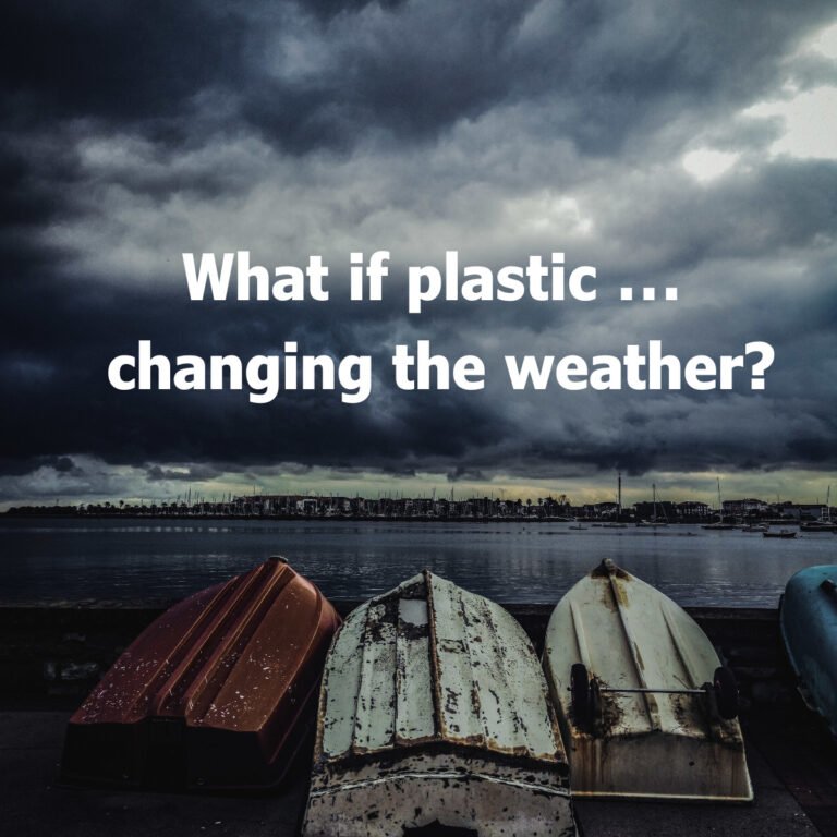 bioaqualife: Three overturned boats sit by the water under a dark, cloudy sky. Bold white text in the center reads, "What if plastic … changing the weather?.