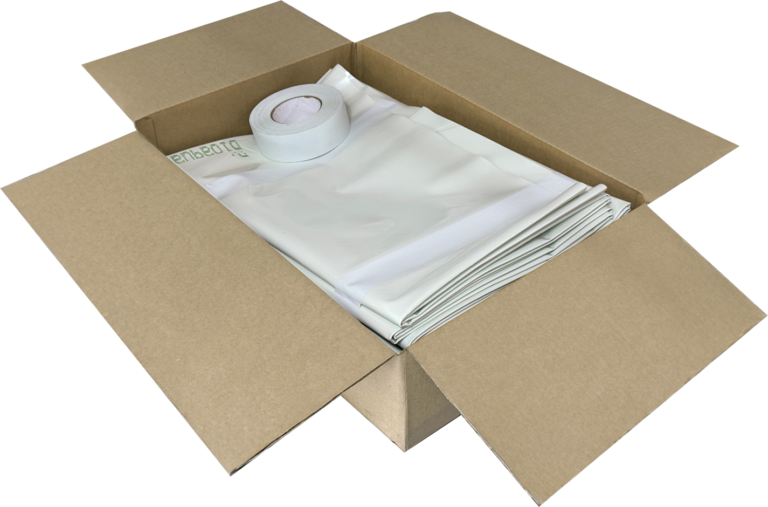 bioaqualife: An open cardboard box containing a neatly folded white plastic sheet and a roll of white adhesive tape.