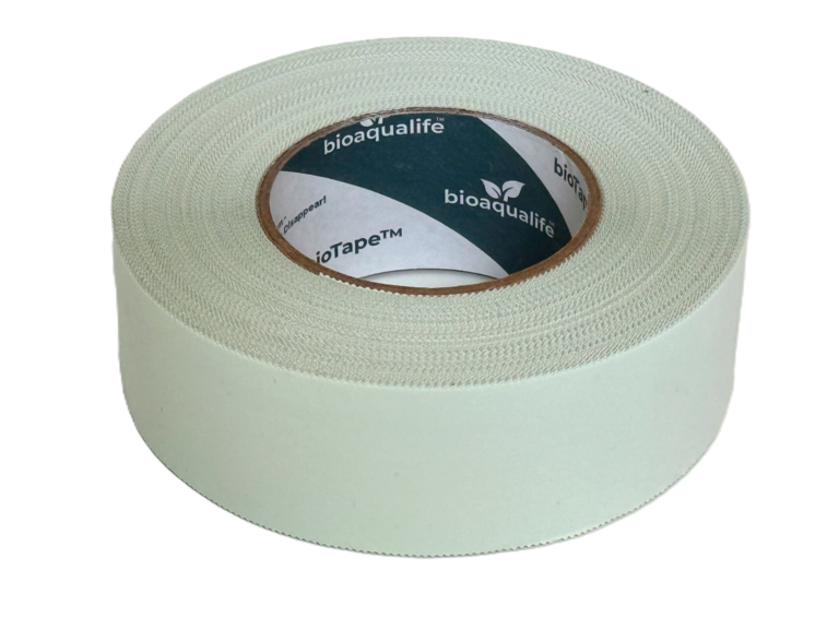 bioaqualife: A roll of white adhesive tape is shown on a plain white background. The inner label reads "bioaqualife" and "bioTape™.
