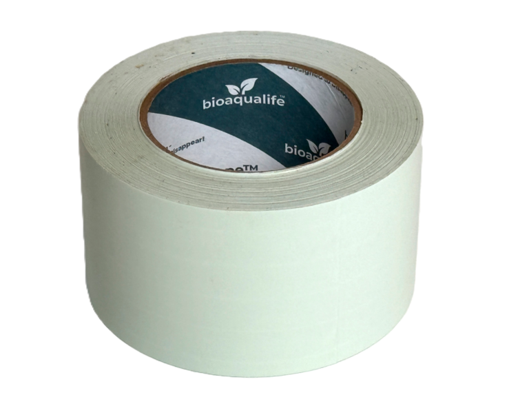 bioaqualife: A large roll of white adhesive tape with a label inside that reads "bioaqualife." The tape is standing upright on a plain, white background.