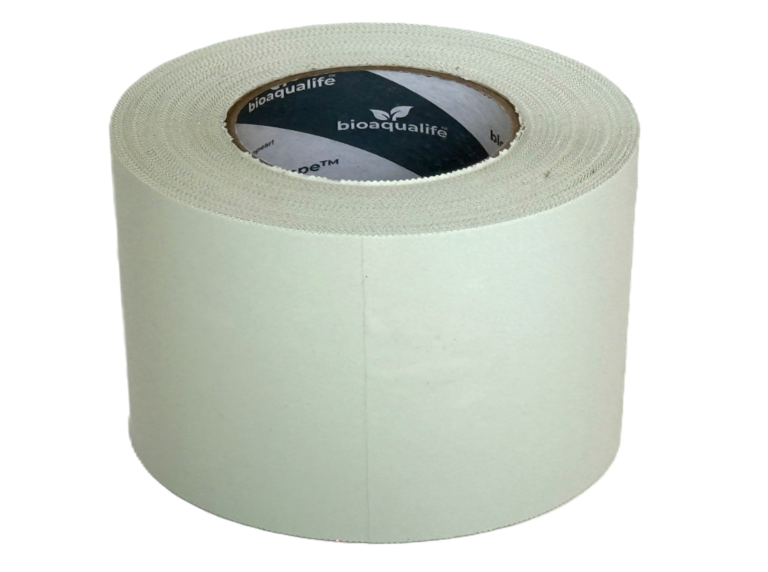 bioaqualife: A large roll of white tape with a visible cardboard core, labeled "bioaqualife," standing upright on a plain white background.