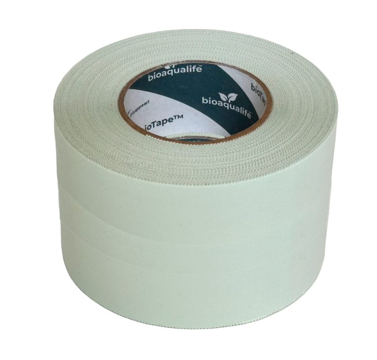 bioaqualife: A roll of white adhesive tape with "bioqualife bioTape&trade;" printed on the inner core, set against a plain white background.