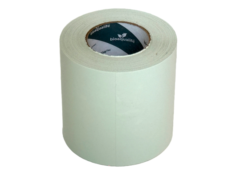 bioaqualife: A large roll of white adhesive tape standing upright on a plain, light background, with "bioqualife" visible on the inner core of the roll.