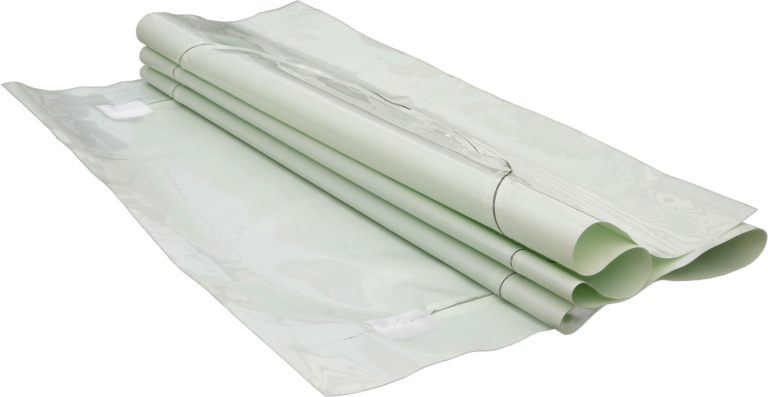 bioaqualife: A folded, light green plastic evacuation or transfer sheet with handles and Velcro straps, designed for moving patients in medical or emergency situations.