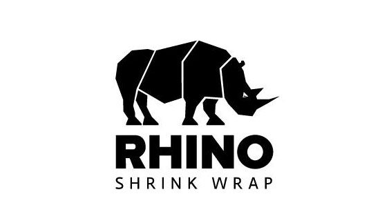 bioaqualife: Black geometric silhouette of a rhinoceros above the bold text "RHINO" and smaller text "SHRINK WRAP" on a white background. Logo design appears modern and strong.