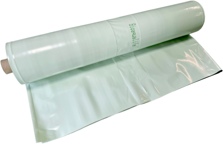 bioaqualife: A large roll of translucent, light green plastic sheeting unrolled partially on a flat surface, with the word "Bioqualit" printed on the material.