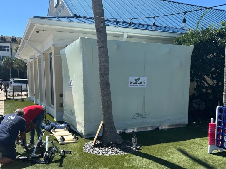 bioaqualife: Two workers assemble equipment on artificial grass beside a large, white, tent-like structure labeled &ldquo;bioqual life.&rdquo; The structure is set against a building with a blue roof, near a palm tree and some greenery.
