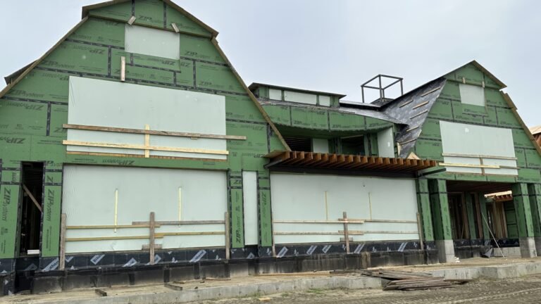 bioaqualife: A partially constructed house with green sheathing, exposed wood framing, and no windows or doors installed. The roof and exterior walls are unfinished, and construction materials are visible around the site.