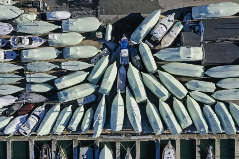 bioaqualife: Aerial view of numerous white boats arranged in rows on land near a dock, forming a fan-like pattern. Several boats are in water at the bottom of the image, while others are stored on the lot above.