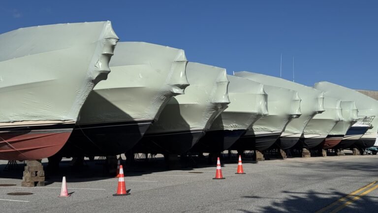 bioaqualife: Several boats covered in white shrink wrap are lined up in a row on a paved lot. Orange traffic cones are placed around them, and the sky is clear and blue.