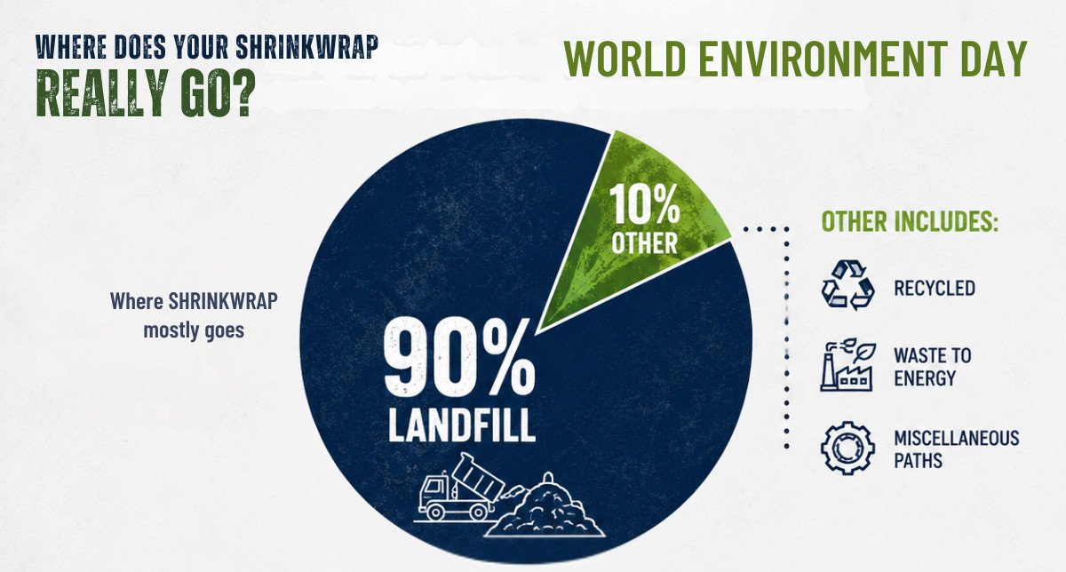 bioaqualife: A pie chart shows that 90% of shrinkwrap goes to landfill, while 10% is categorized as “other,” which includes recycled, waste to energy, and miscellaneous paths. The chart highlights the question of shrinkwrap disposal for World Environment Day.