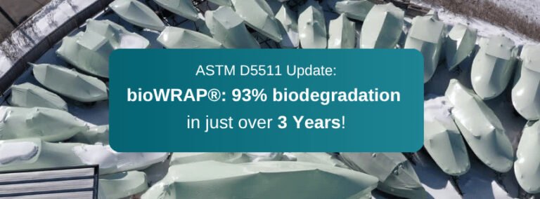 bioaqualife: Aerial view of many covered boats outdoors, with a blue box overlay reading: "ASTM D5511 Update: bioWRAP&reg;: 93% biodegradation in just over 3 Years!.