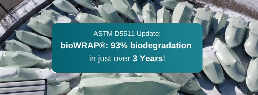 bioaqualife: Aerial view of many covered boats outdoors, with a blue box overlay reading: "ASTM D5511 Update: bioWRAP&reg;: 93% biodegradation in just over 3 Years!.