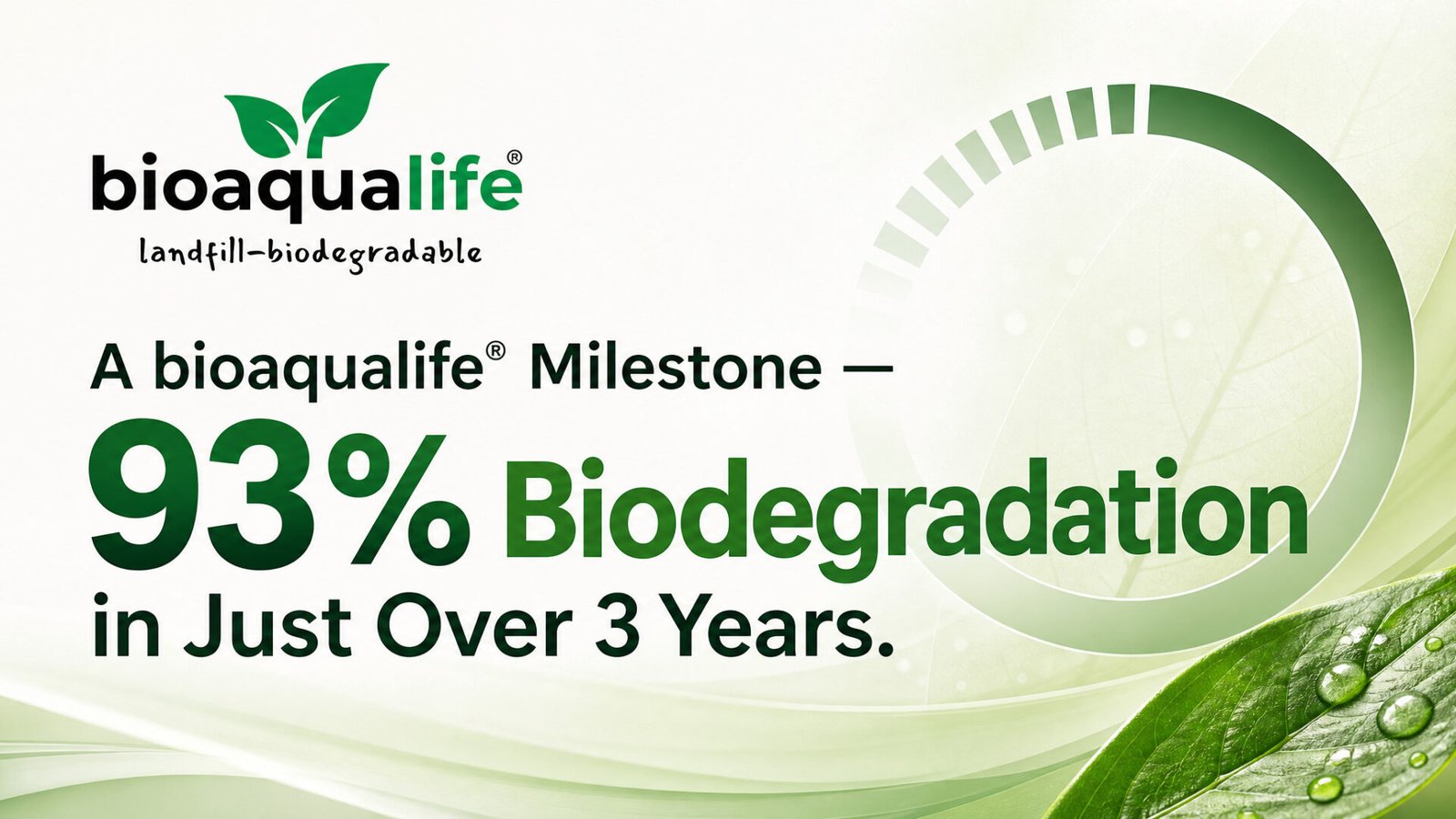 bioaqualife: Promotional graphic for bioaqualife, stating "93% Biodegradation in Just Over 3 Years," with green leaves, circular progress bar, and eco-friendly design elements emphasizing landfill-biodegradable achievement.