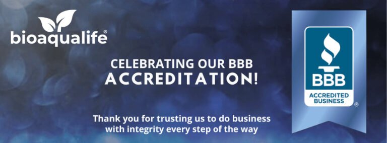 bioaqualife: Blue banner with "bioqualife" logo, text "Celebrating our BBB accreditation!", BBB Accredited Business logo, and a thank you message for customer trust and integrity.