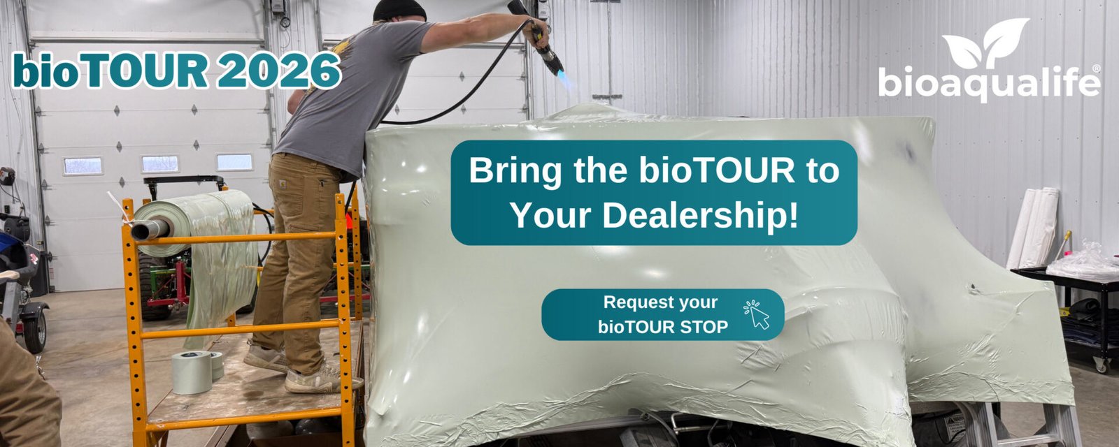 bioaqualife: A person spray-paints a large vehicle part in a garage. Text reads &ldquo;Bring the bioTOUR to Your Dealership! Request your bioTOUR STOP.&rdquo; Bioqualife and bioTOUR 2026 logos are also visible.