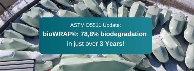 bioaqualife: Aerial view of many boats covered in white protective wrap. A teal box in the center reads: &ldquo;ASTM D5511 Update: bioWRAP&reg;: 78.8% biodegradation in just over 3 Years!&rdquo;.