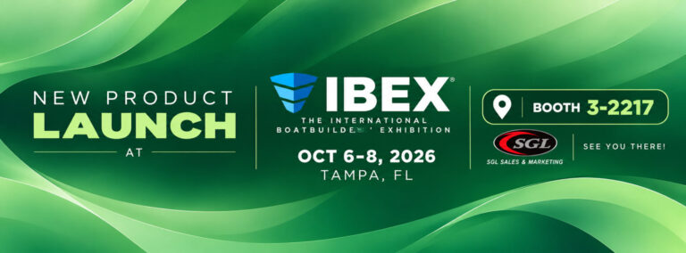 bioaqualife: Green graphic for IBEX boatbuilding exhibition, announcing a new product launch. Event is October 6-8, 2026, in Tampa, FL. Booth 3-2217, by SGL Sales & Marketing. Text overlays a flowing green abstract background.