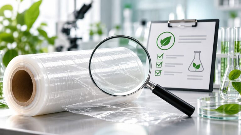 bioaqualife: A magnifying glass held over a roll of plastic film next to a clipboard showing an eco-friendly certification checklist.