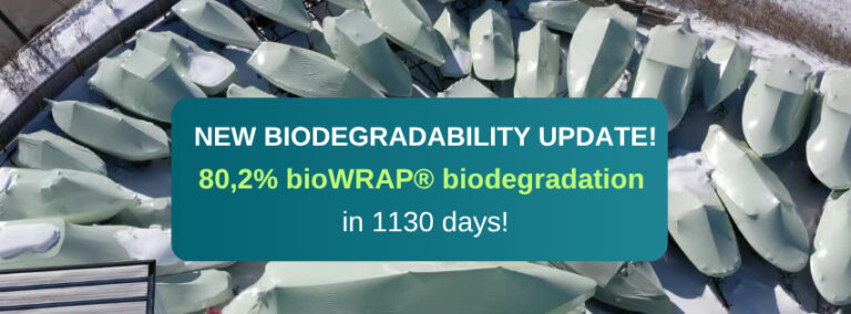 bioaqualife: An aerial view of many boats covered in protective film, with text overlay stating: &ldquo;NEW BIODEGRADABILITY UPDATE! 80,2% bioWRAP&reg; biodegradation in 1130 days!&rdquo;.